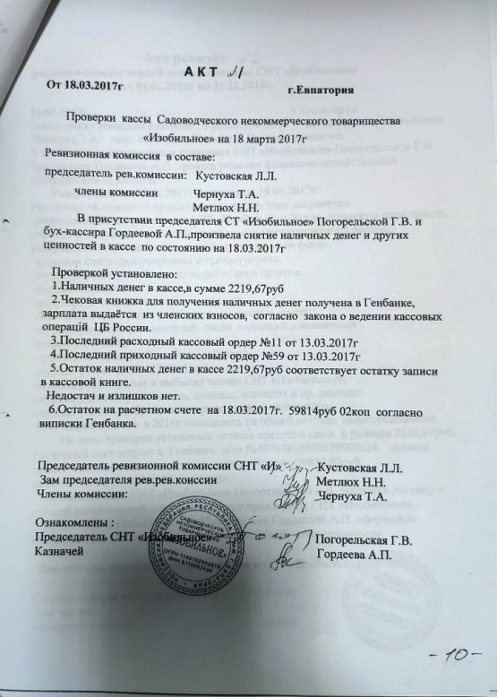 Акт №1 Проверки кассы СНТ «Изобильное» на 18.03.2017 Крым