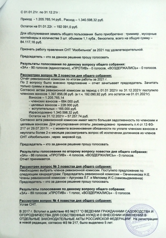 Протокол общего собрания 10.04.2022 СНТ «Изобильное» Крым
